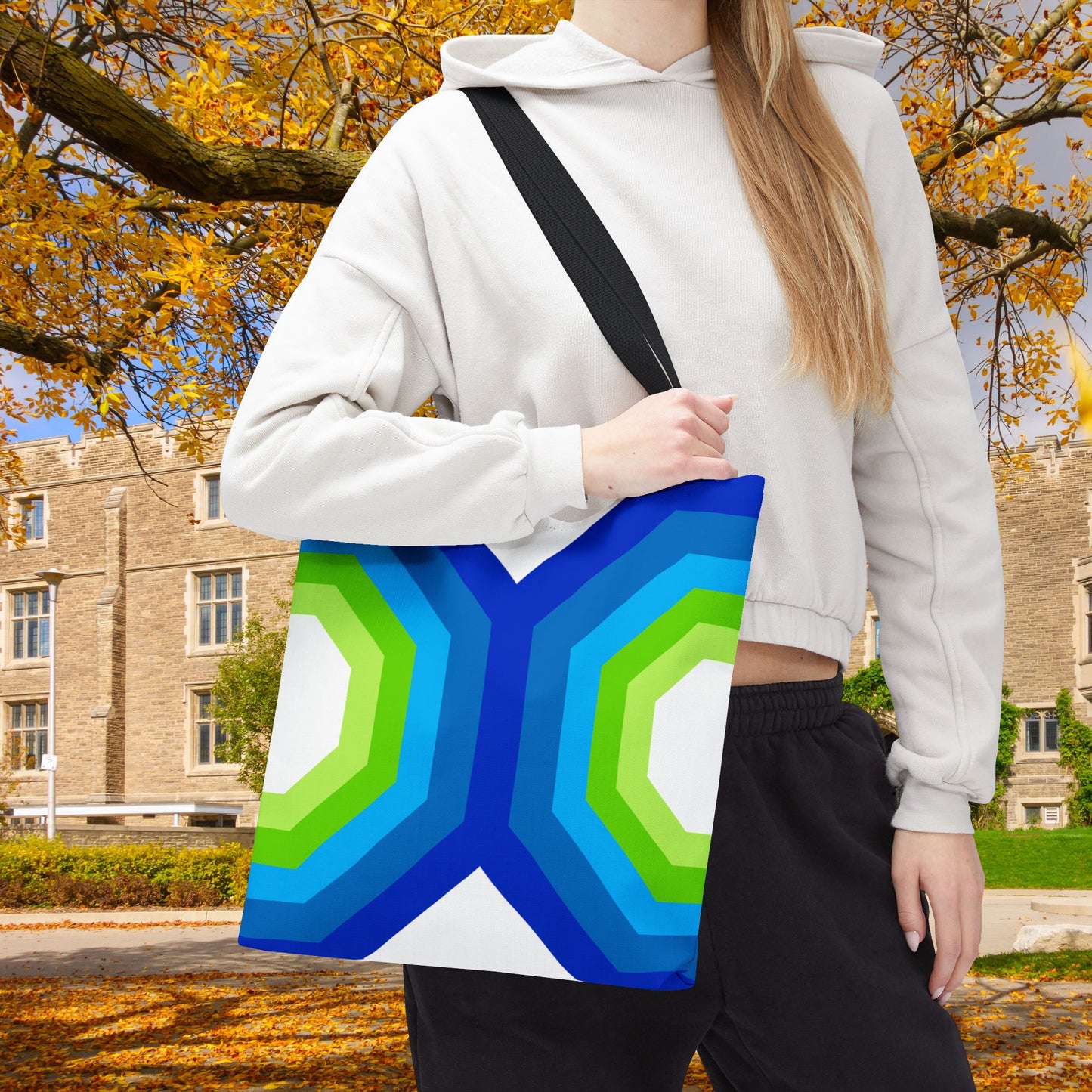Geometric Art XVI Tote Bag – 3 sizes | Bold lines. Vivid color. Retro with a modern twist.