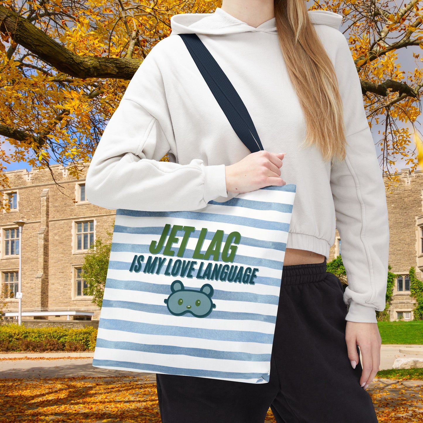 Jet Lag Is My Love Language Tote Bag in Blue – 3 Sizes | For the Traveler Who’s Always Tired but Loving It