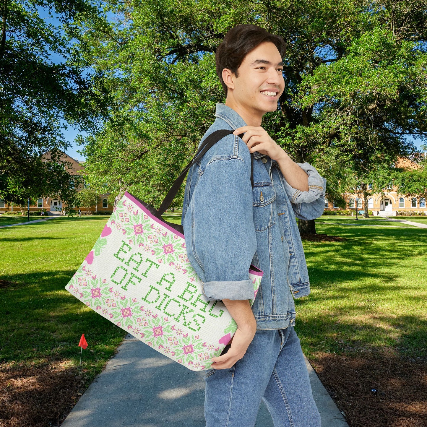 Funny Eat a Bag of Dicks Weekender XL Tote Bag, Sarcastic Cross Stitch Look, Snarky