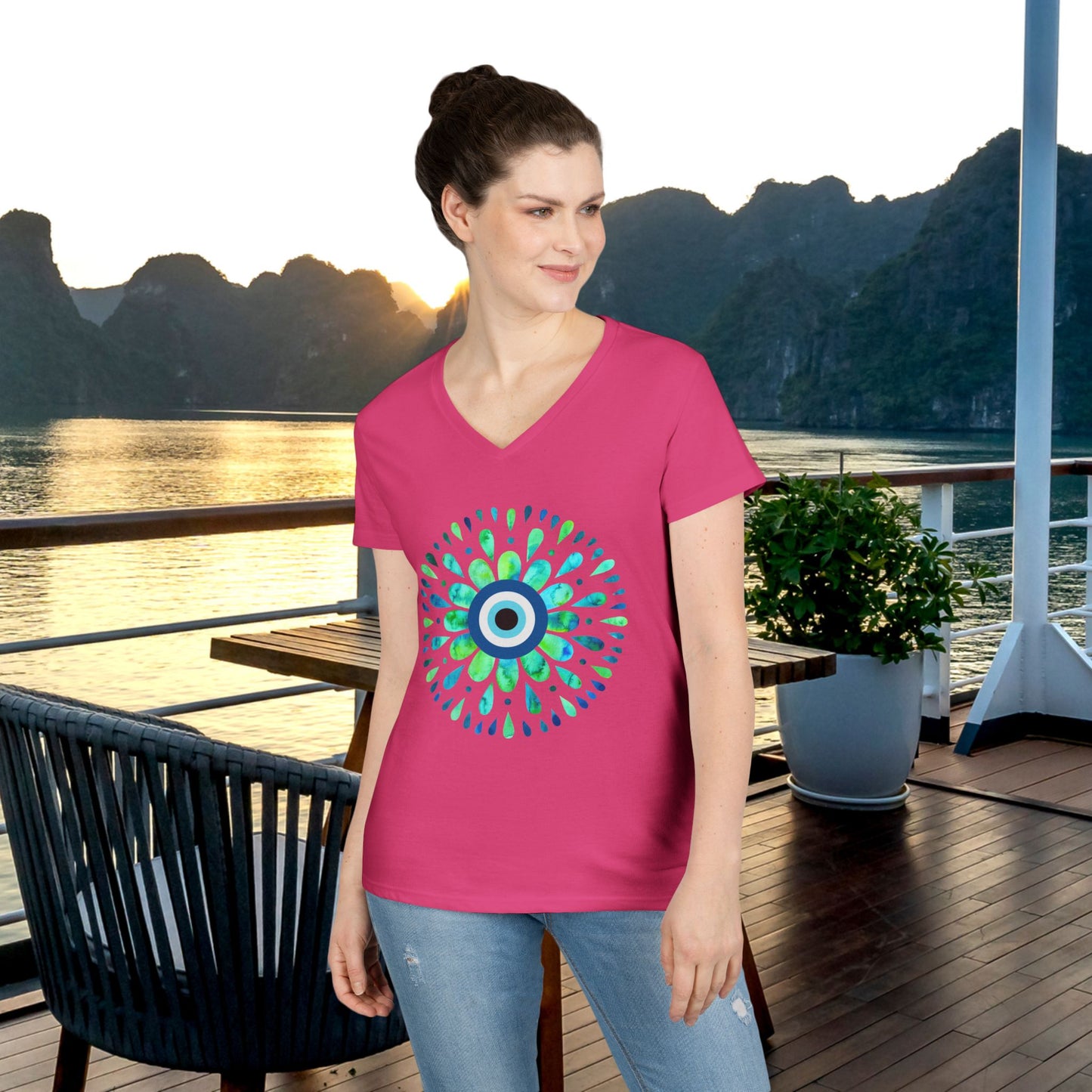 Evil Eye Charm V-Neck T-Shirt – Protective Style Meets Everyday Comfort