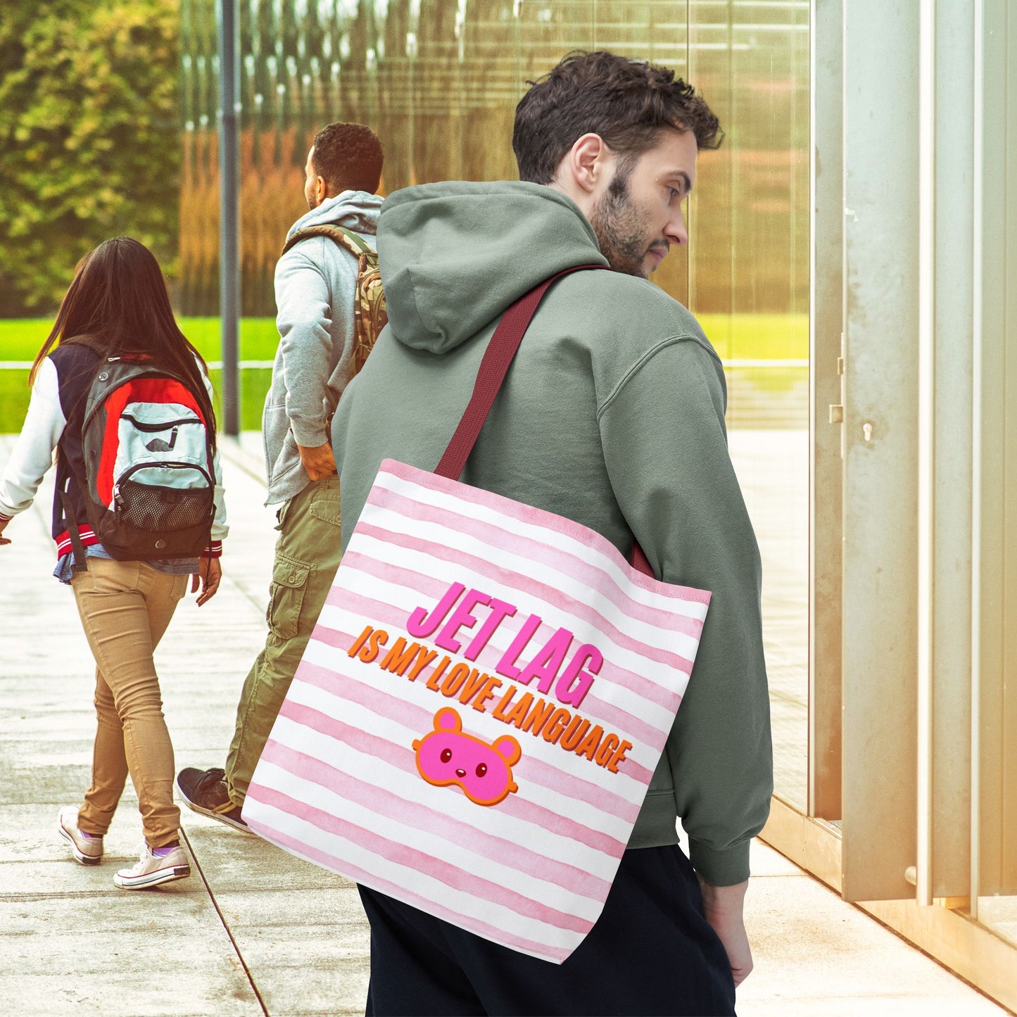 Jet Lag Is My Love Language Tote Bag in Pink – 3 Sizes | For the Traveler Who’s Always Tired but Loving It