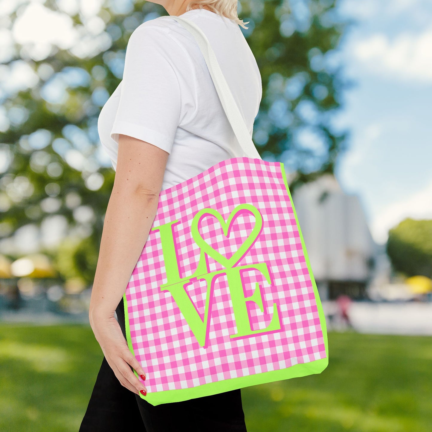 Gingham LOVE Tote Bag – Pink & Green | 3 Sizes | Sweet & Stylish Gift