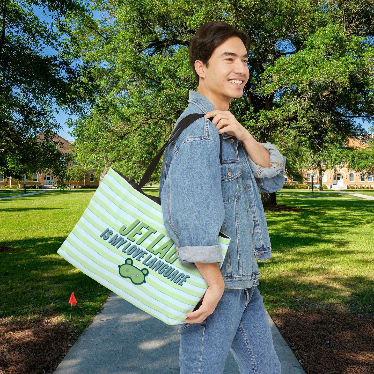 Jet Lag Is My Love Language – XL Tote Bag in Green & Blue | For the Traveler Who’s Always Tired but Loving It