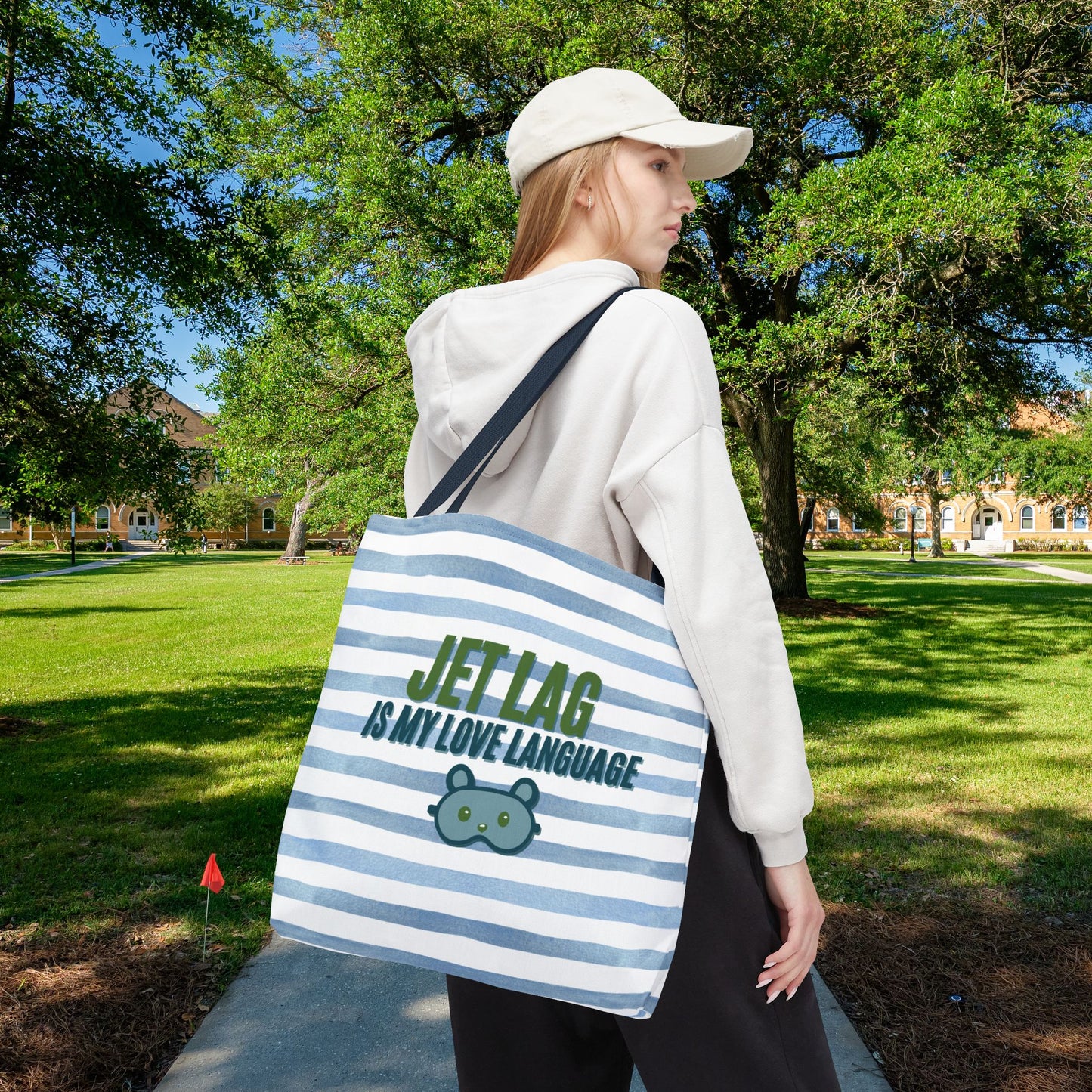 Jet Lag Is My Love Language Tote Bag in Blue – 3 Sizes | For the Traveler Who’s Always Tired but Loving It