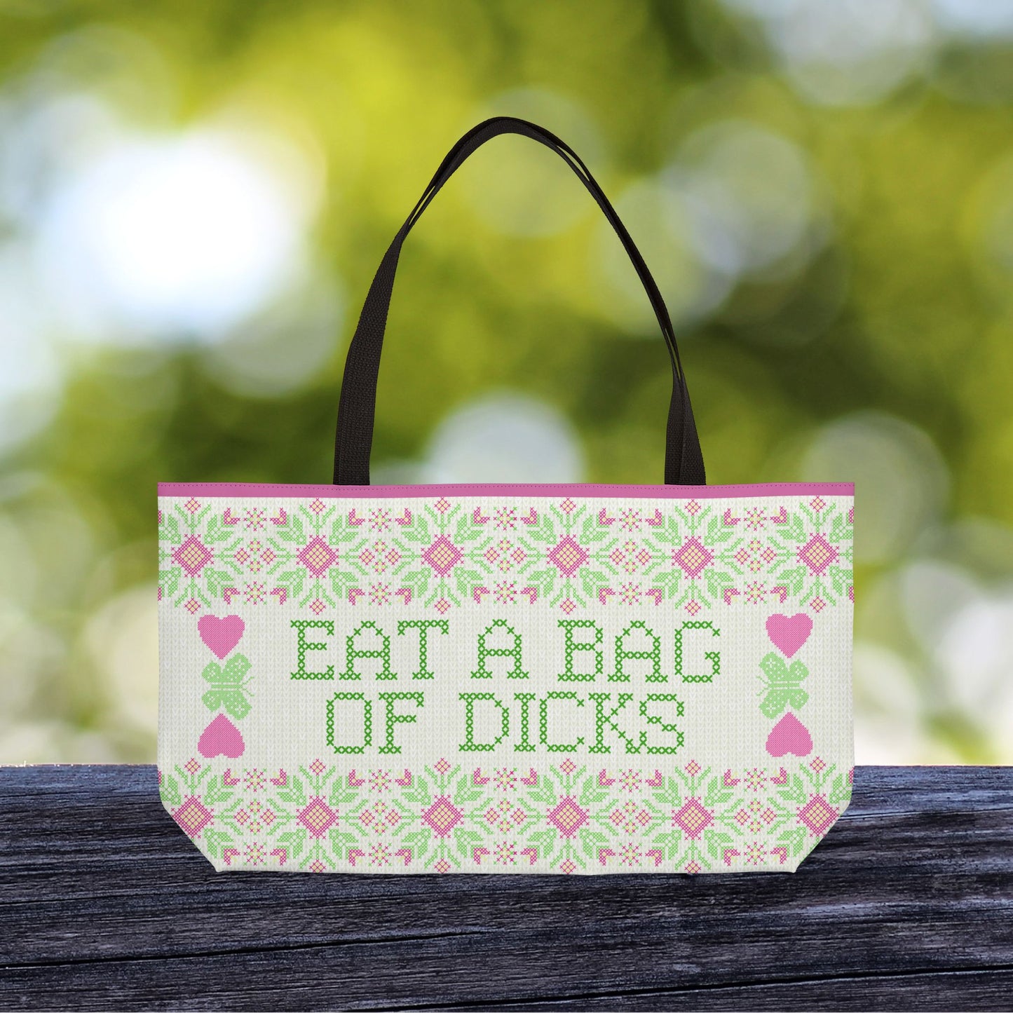 Funny Eat a Bag of Dicks Weekender XL Tote Bag, Sarcastic Cross Stitch Look, Snarky