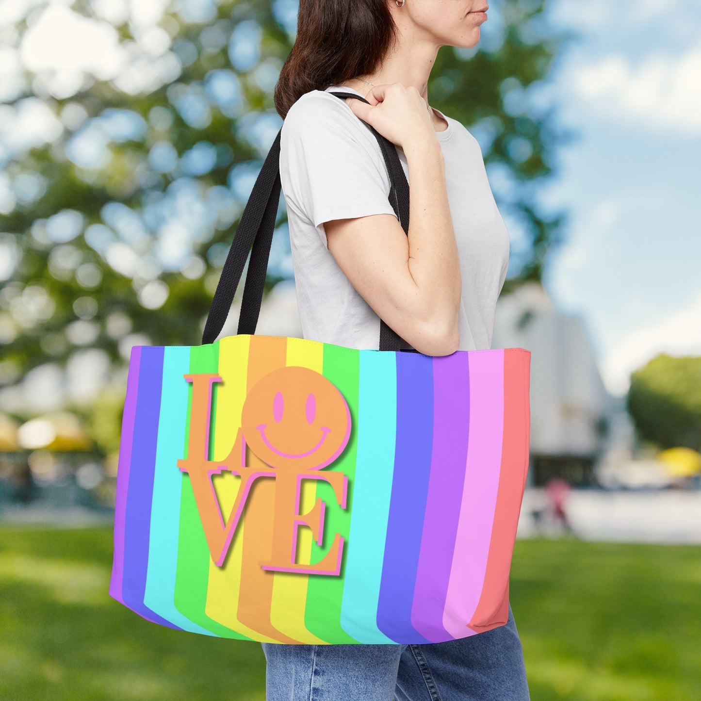 Pastel Stripe LOVE XL Tote Bag | Carry-All Weekender Beach Tote