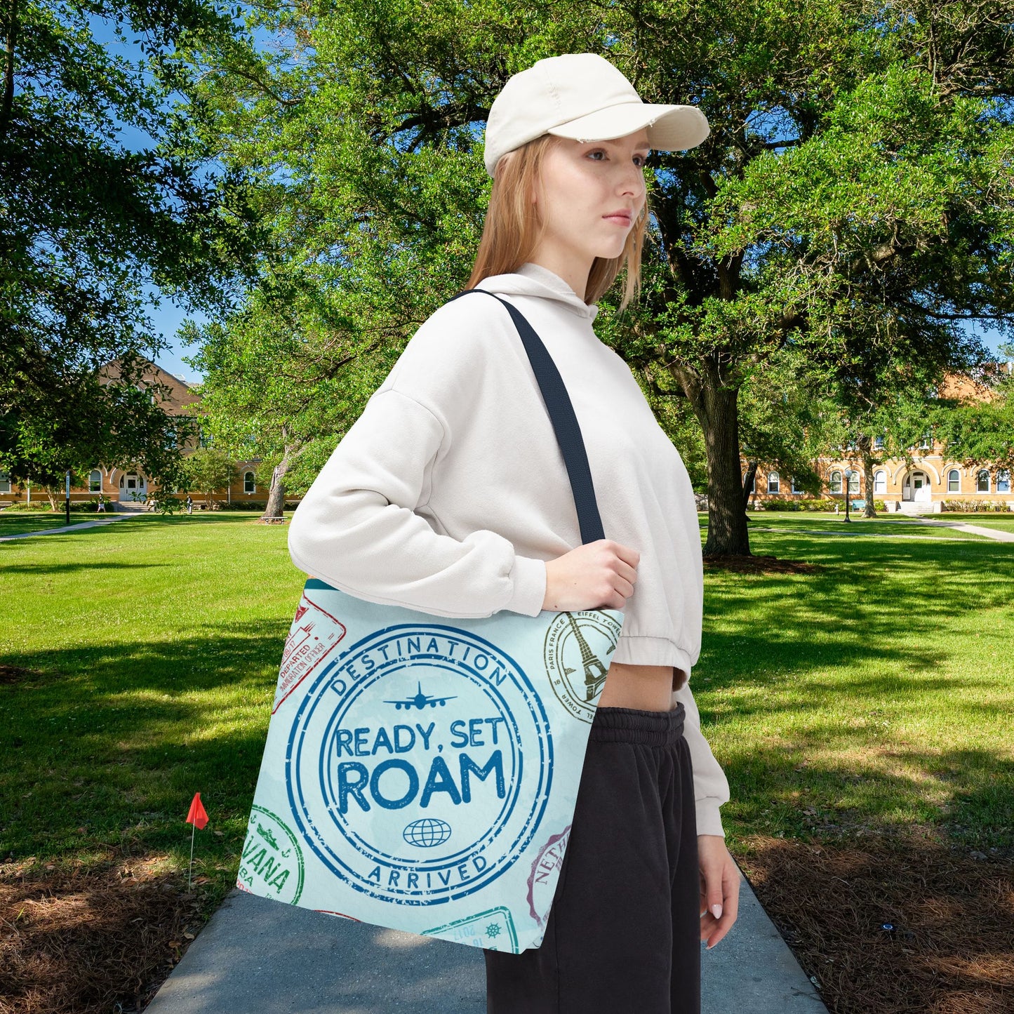 Ready, Set, Roam – Passport Stamp Tote Bag – 3 Sizes | Designed for Adventurers!