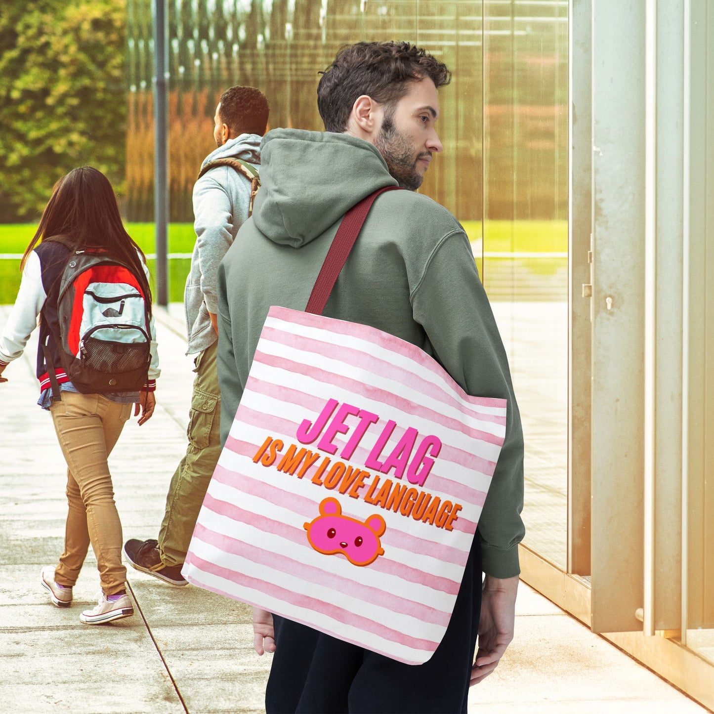 Jet Lag Is My Love Language Tote Bag in Pink – 3 Sizes | For the Traveler Who’s Always Tired but Loving It