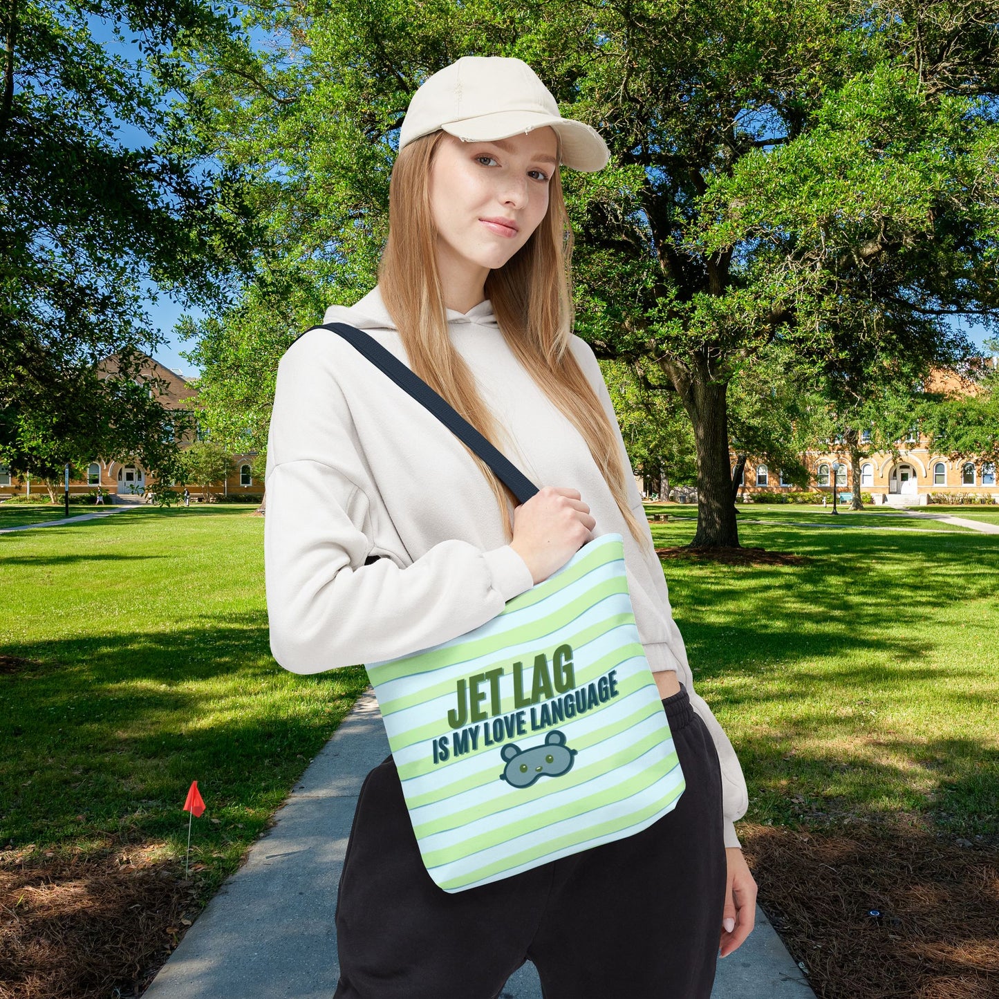 Jet Lag Is My Love Language Tote Bag in Green – 3 Sizes | For the Traveler Who’s Always Tired but Loving It
