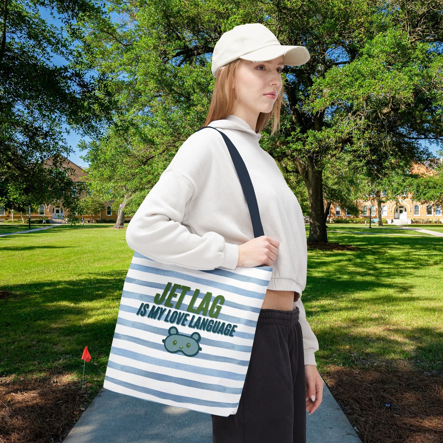 Jet Lag Is My Love Language Tote Bag in Blue – 3 Sizes | For the Traveler Who’s Always Tired but Loving It