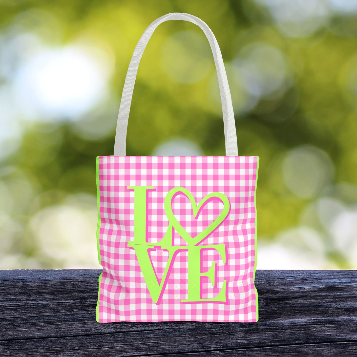 Gingham LOVE Tote Bag – Pink & Green | 3 Sizes | Sweet & Stylish Gift