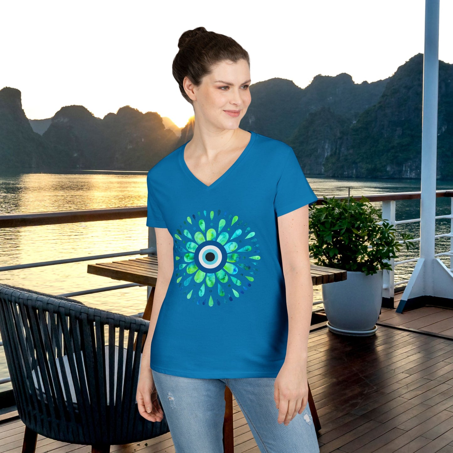Evil Eye Charm V-Neck T-Shirt – Protective Style Meets Everyday Comfort