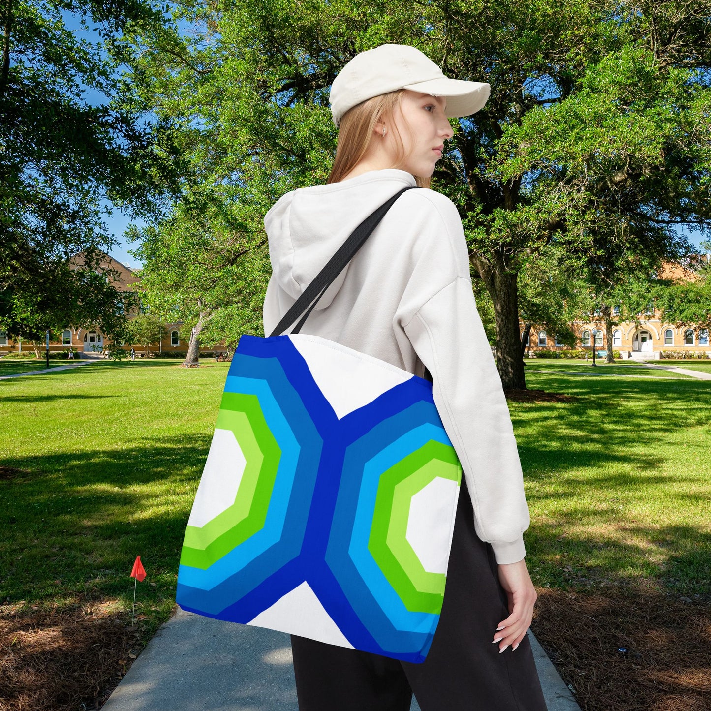 Geometric Art XVI Tote Bag – 3 sizes | Bold lines. Vivid color. Retro with a modern twist.