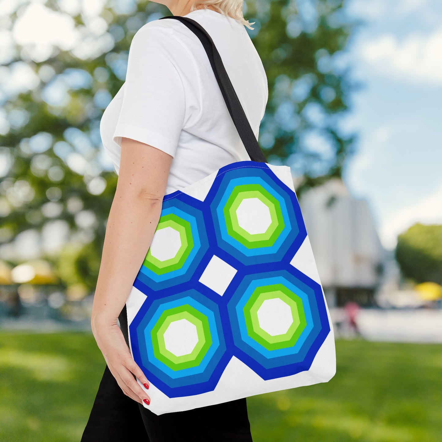 Geometric Art XIV Tote Bag – 3 sizes | Bold lines. Vivid color. Retro with a modern twist.