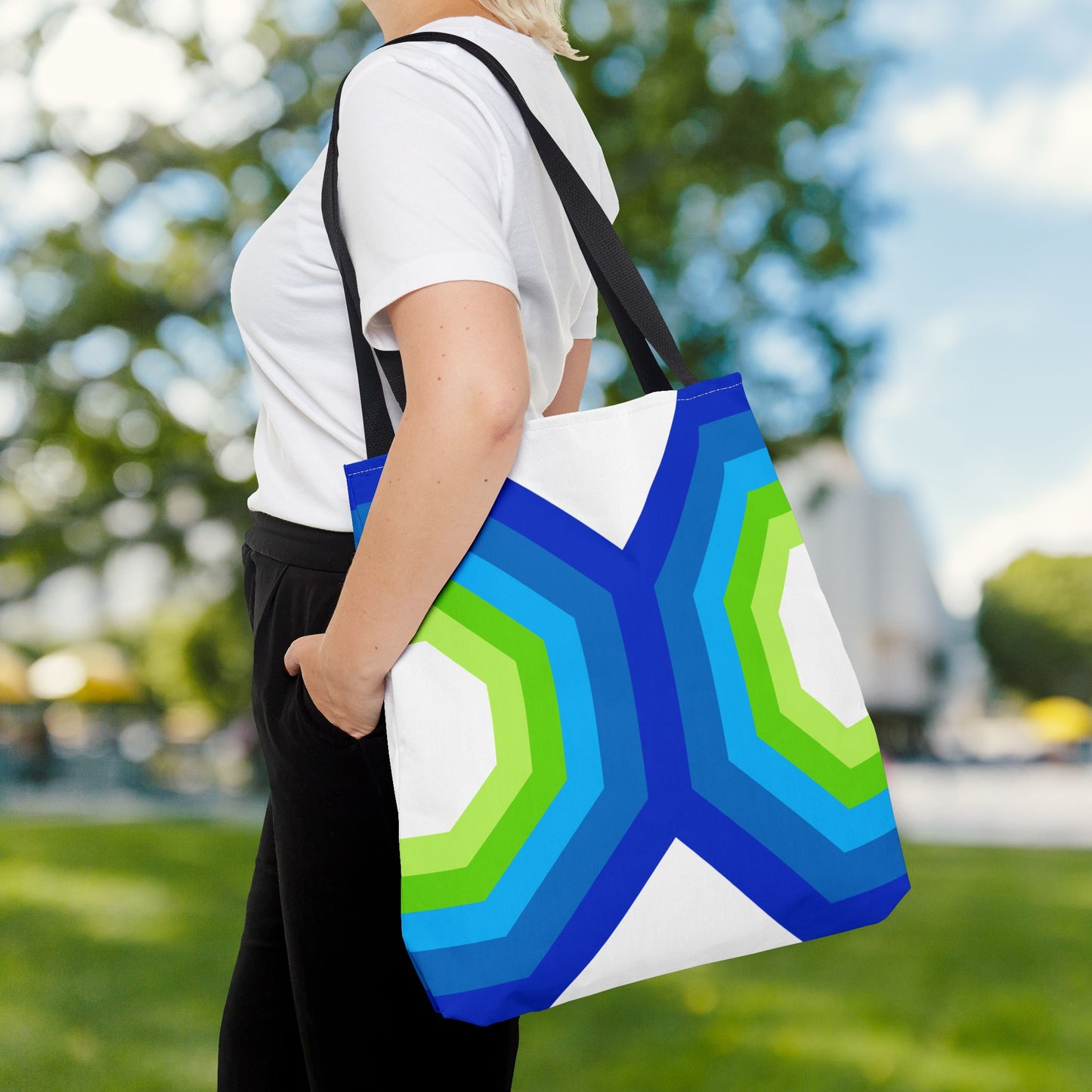 Geometric Art XVI Tote Bag – 3 sizes | Bold lines. Vivid color. Retro with a modern twist.