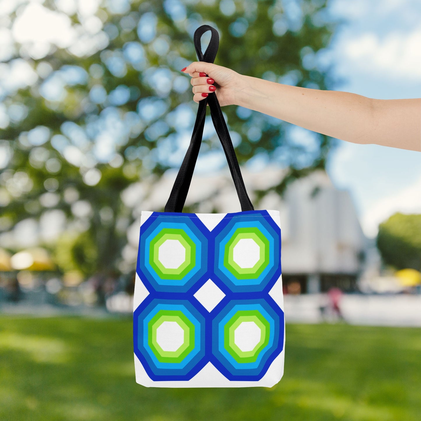 Geometric Art XIV Tote Bag – 3 sizes | Bold lines. Vivid color. Retro with a modern twist.