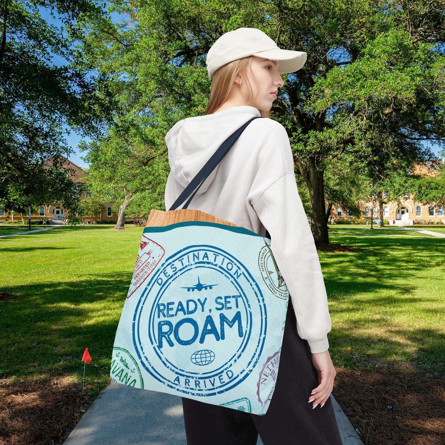 Ready, Set, Roam – Passport Stamp Tote Bag – 3 Sizes | Designed for Adventurers!