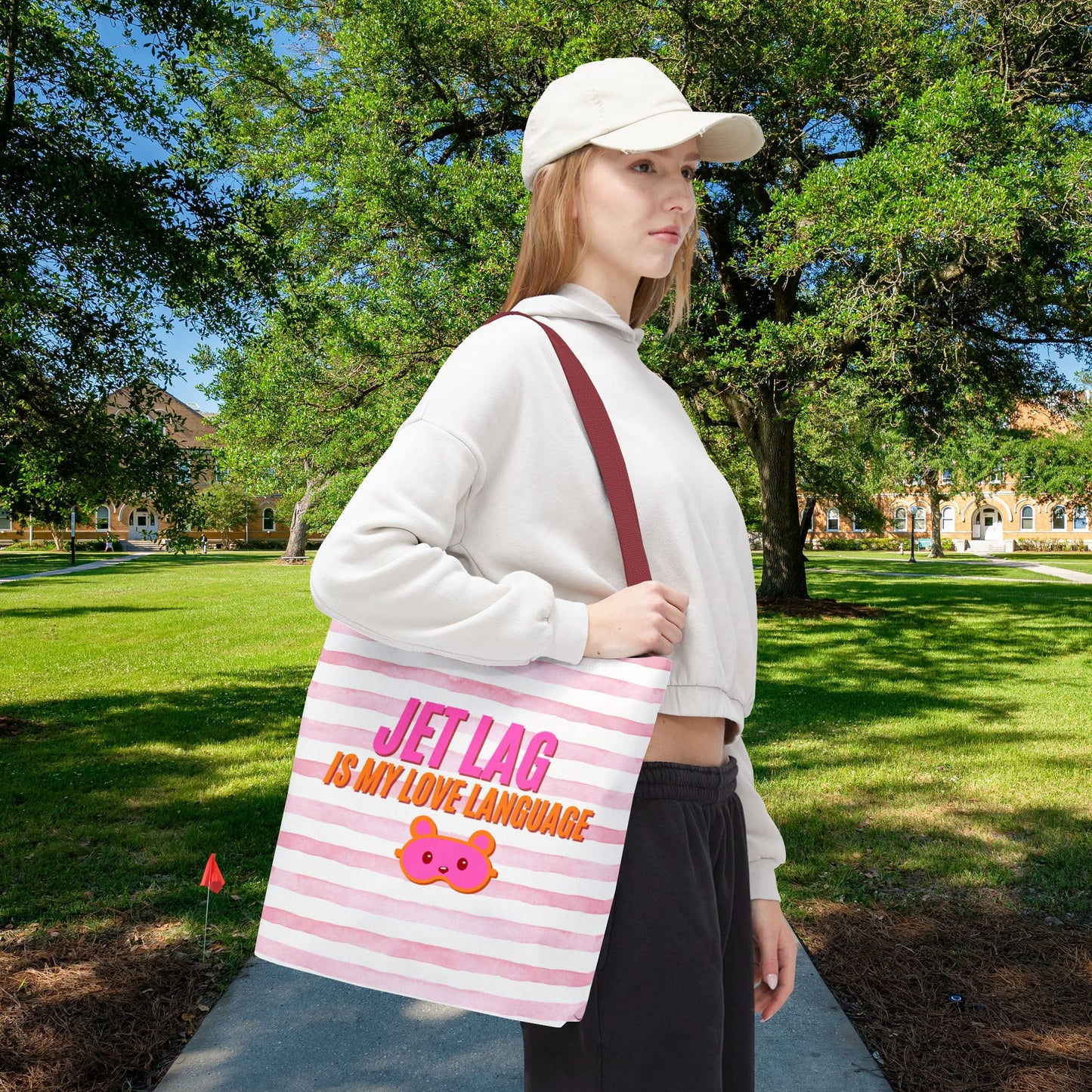 Jet Lag Is My Love Language Tote Bag in Pink – 3 Sizes | For the Traveler Who’s Always Tired but Loving It