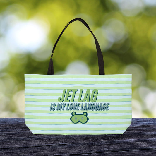Jet Lag Is My Love Language – XL Tote Bag in Green & Blue | For the Traveler Who’s Always Tired but Loving It