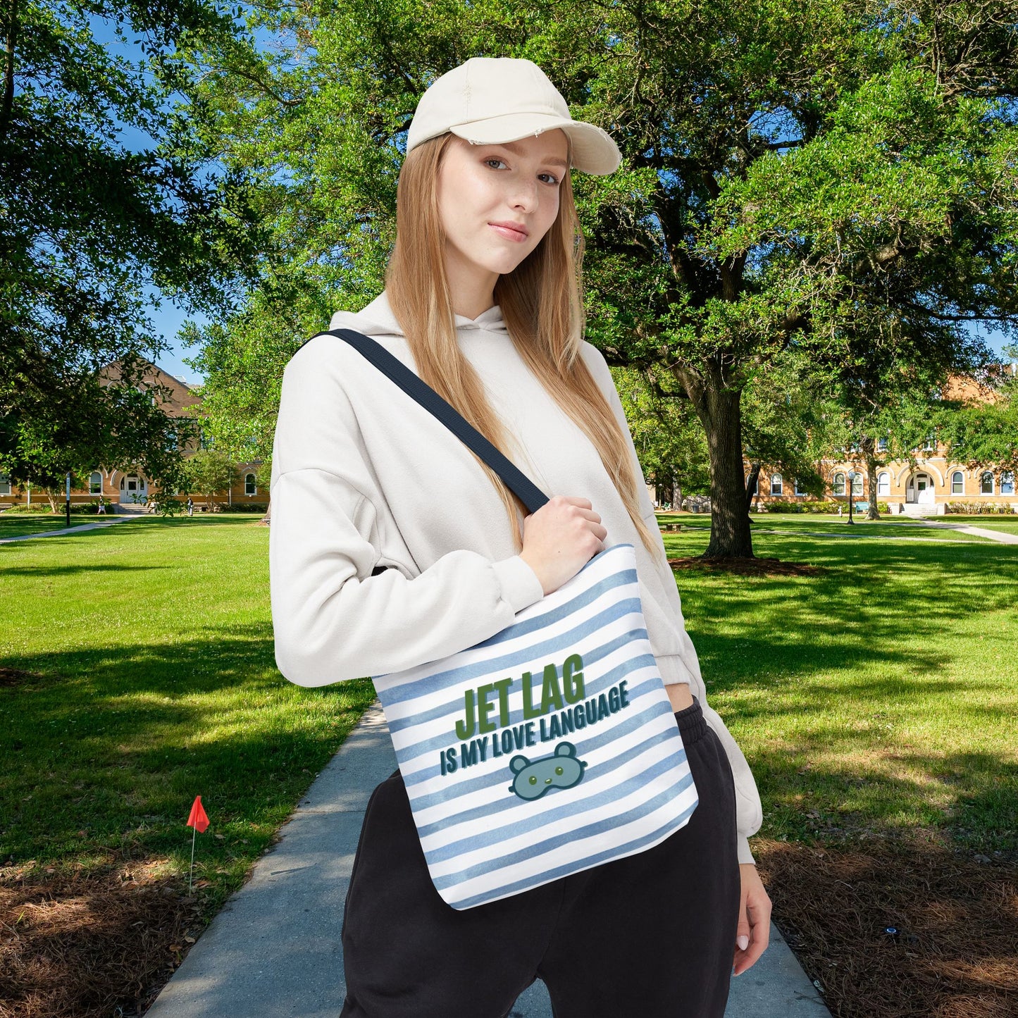 Jet Lag Is My Love Language Tote Bag in Blue – 3 Sizes | For the Traveler Who’s Always Tired but Loving It