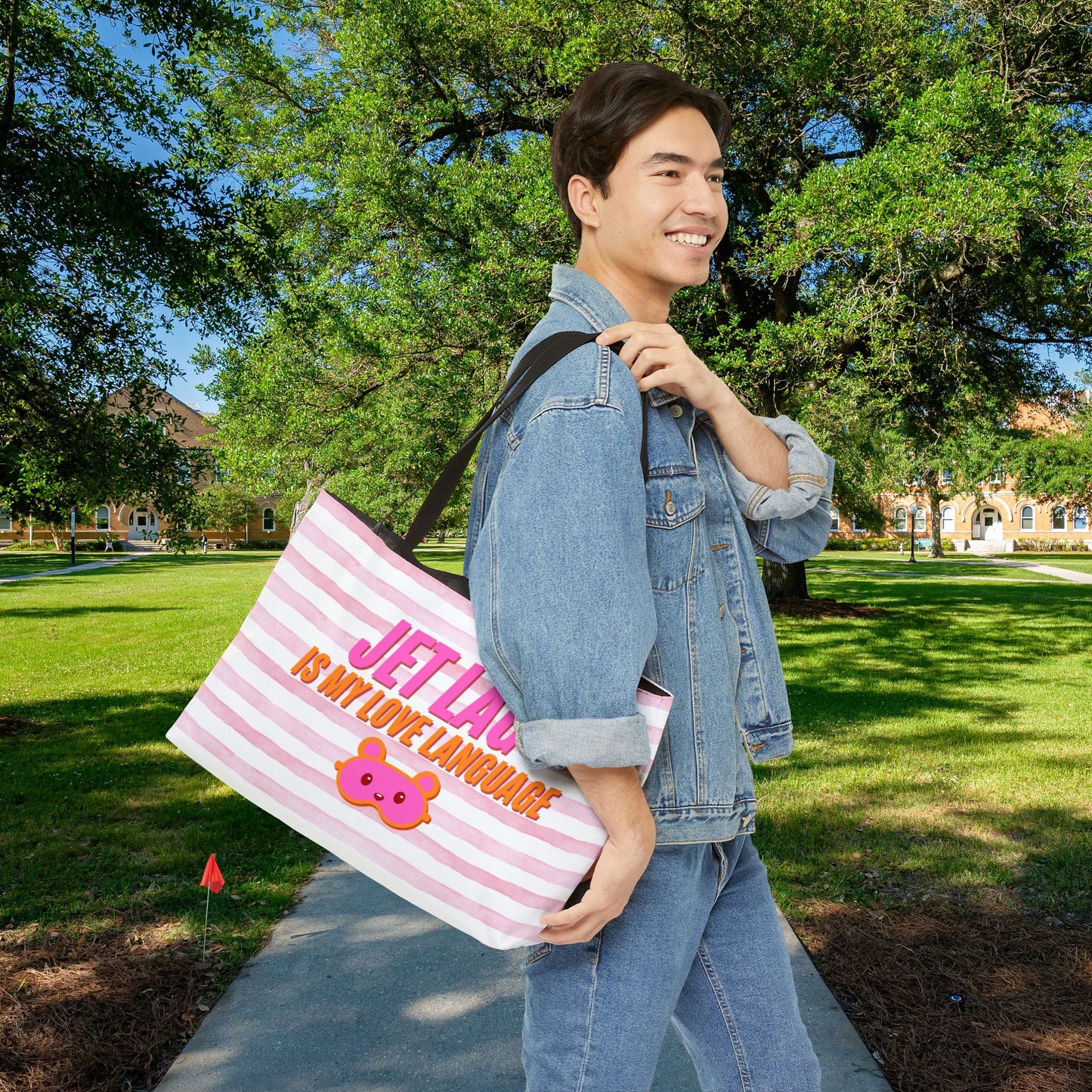 Jet Lag Is My Love Language in Pink – XL Tote Bag | For the Traveler Who’s Always Tired but Thriving