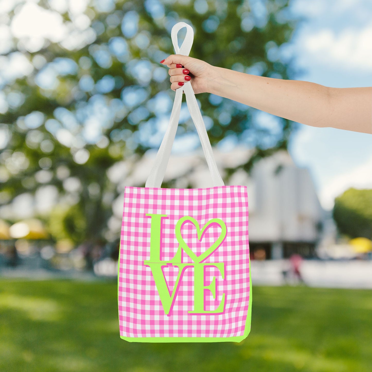 Gingham LOVE Tote Bag – Pink & Green | 3 Sizes | Sweet & Stylish Gift