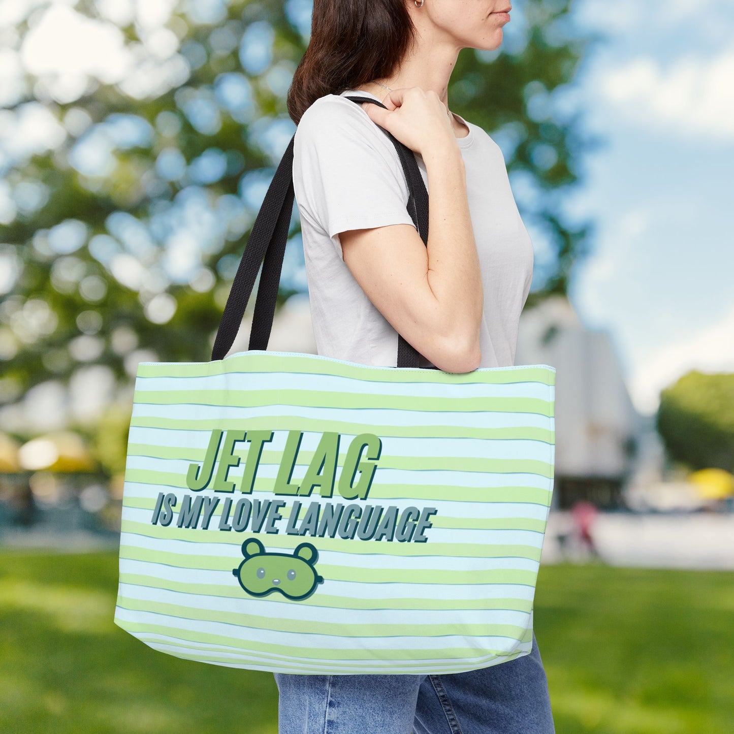 Jet Lag Is My Love Language – XL Tote Bag in Green & Blue | For the Traveler Who’s Always Tired but Loving It