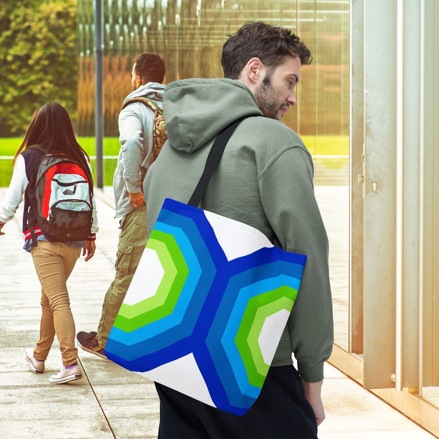 Geometric Art XVI Tote Bag – 3 sizes | Bold lines. Vivid color. Retro with a modern twist.