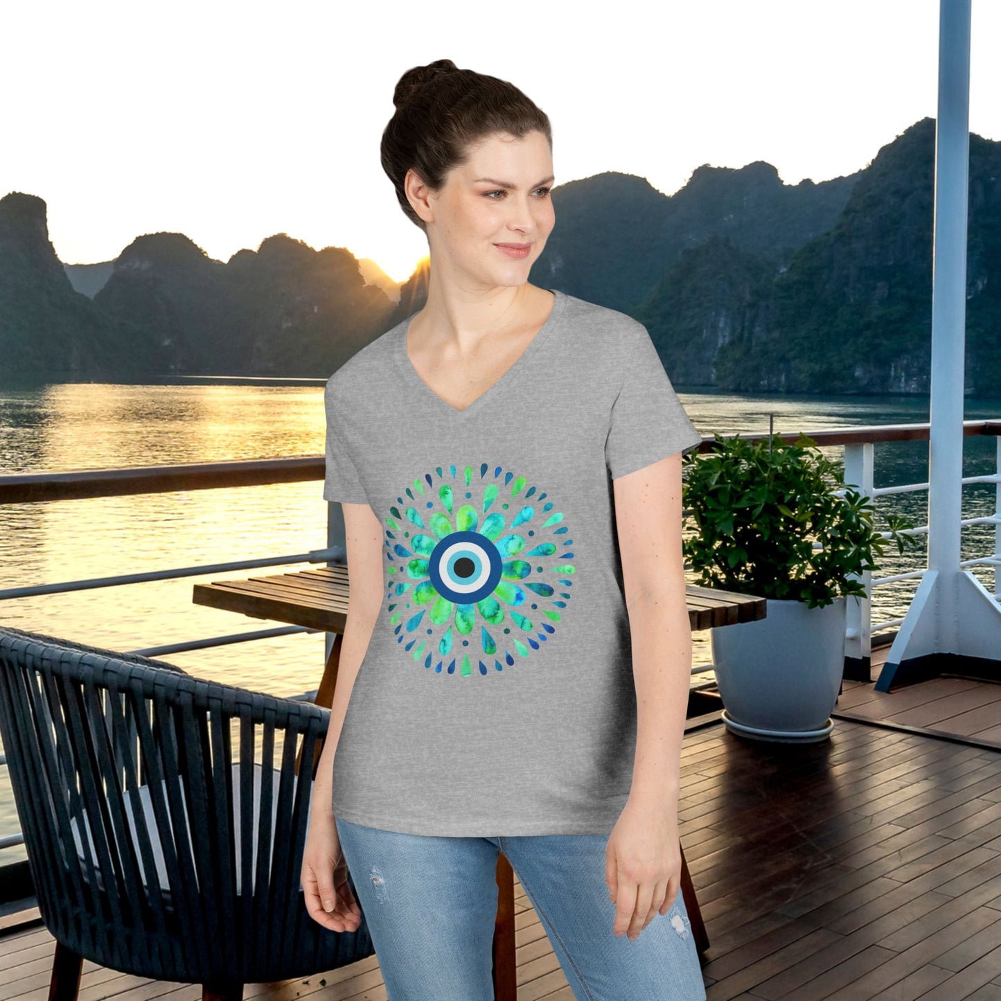 Evil Eye Charm V-Neck T-Shirt – Protective Style Meets Everyday Comfort