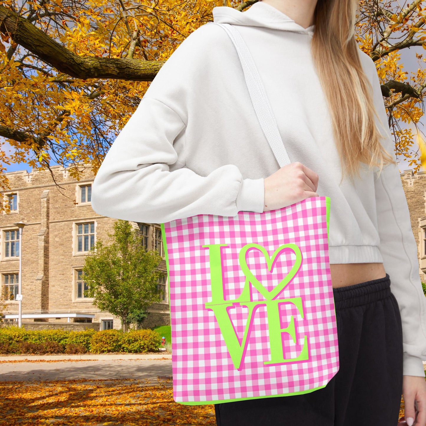 Gingham LOVE Tote Bag – Pink & Green | 3 Sizes | Sweet & Stylish Gift