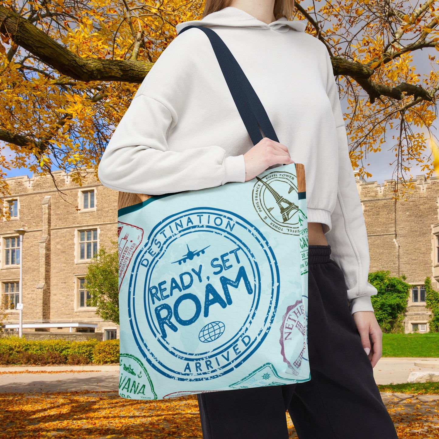 Ready, Set, Roam – Passport Stamp Tote Bag – 3 Sizes | Designed for Adventurers!