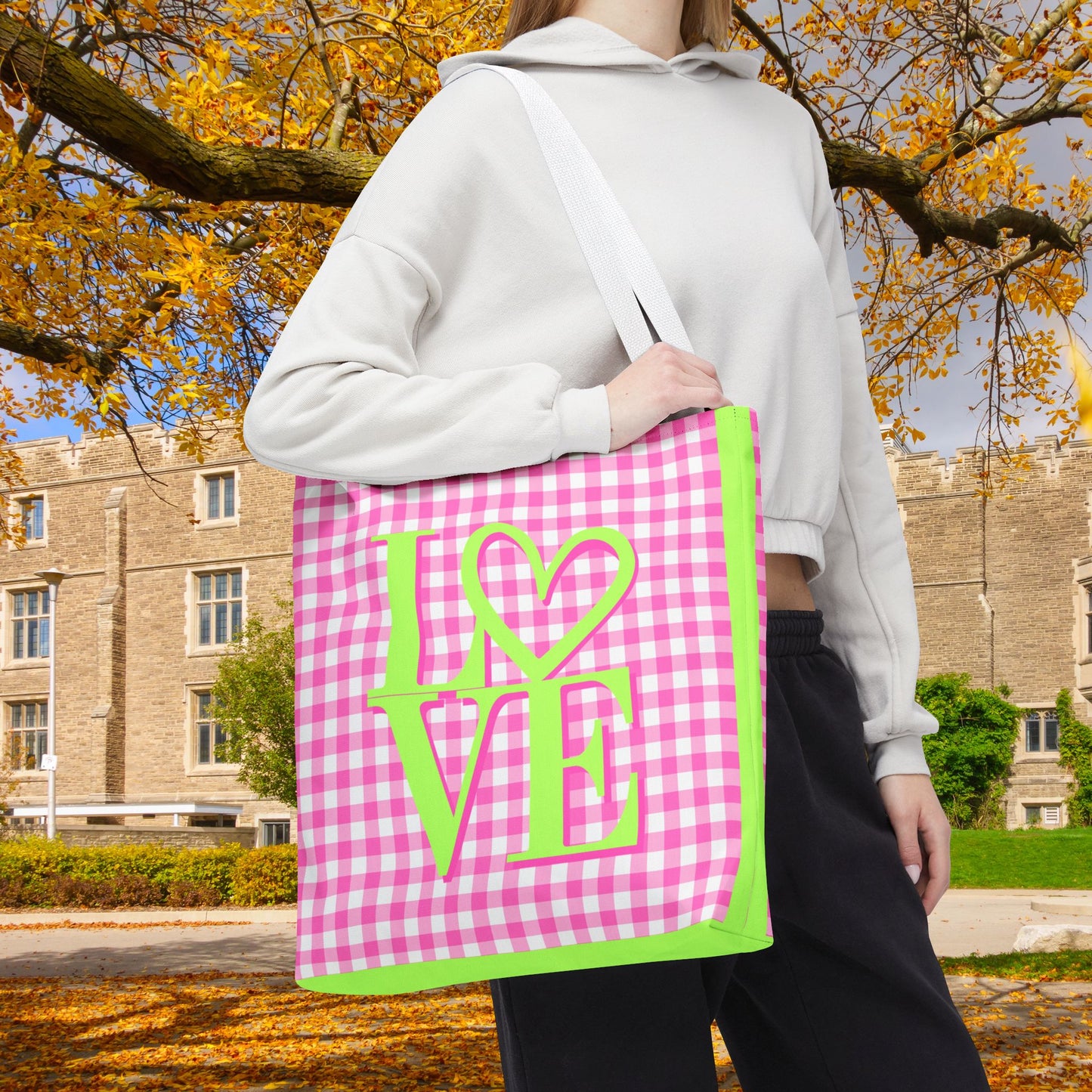 Gingham LOVE Tote Bag – Pink & Green | 3 Sizes | Sweet & Stylish Gift