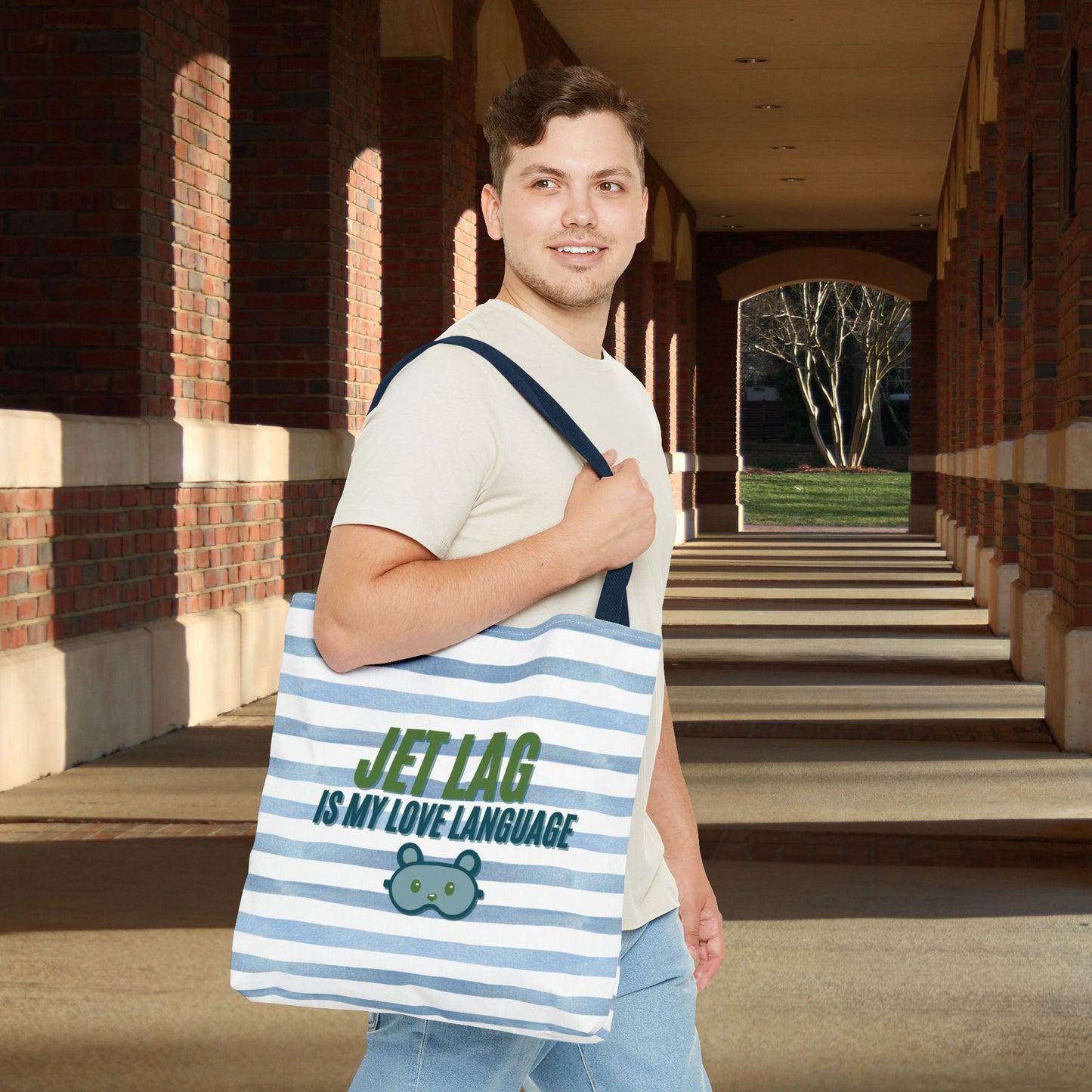 Jet Lag Is My Love Language Tote Bag in Blue – 3 Sizes | For the Traveler Who’s Always Tired but Loving It