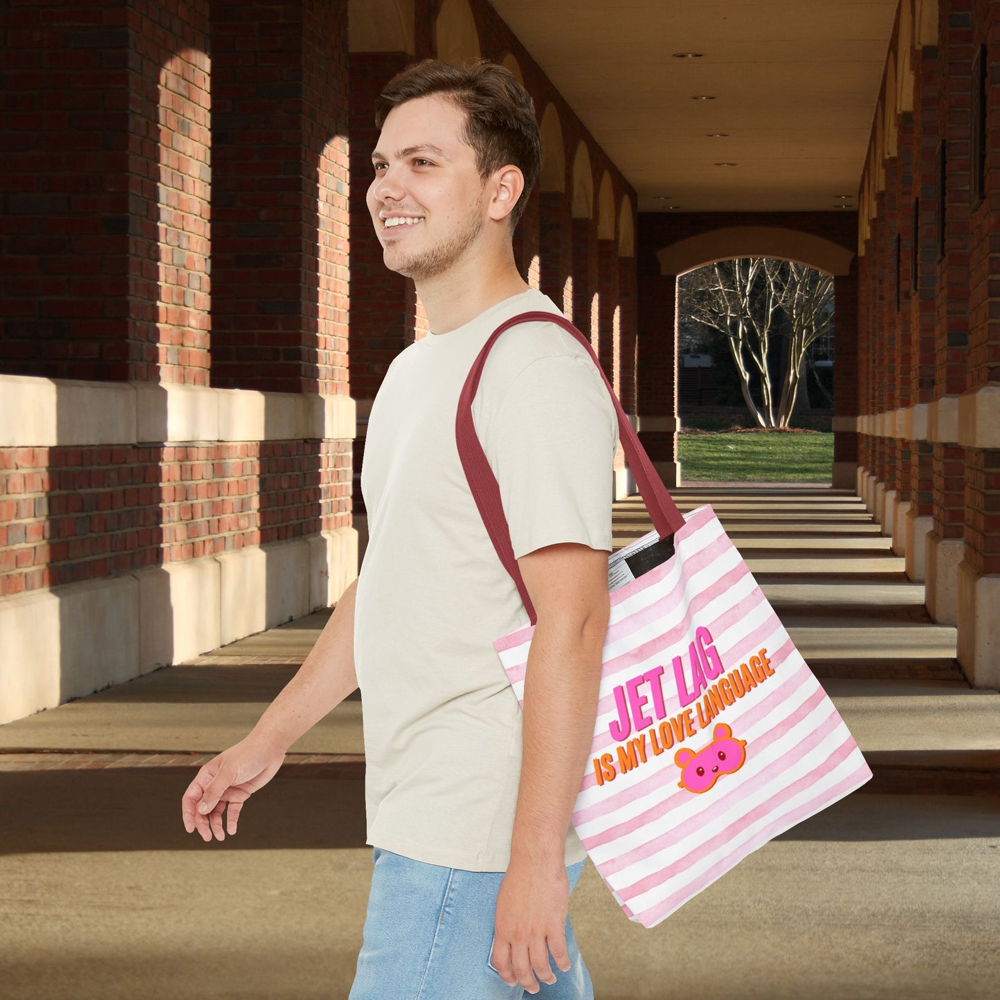 Jet Lag Is My Love Language Tote Bag in Pink – 3 Sizes | For the Traveler Who’s Always Tired but Loving It