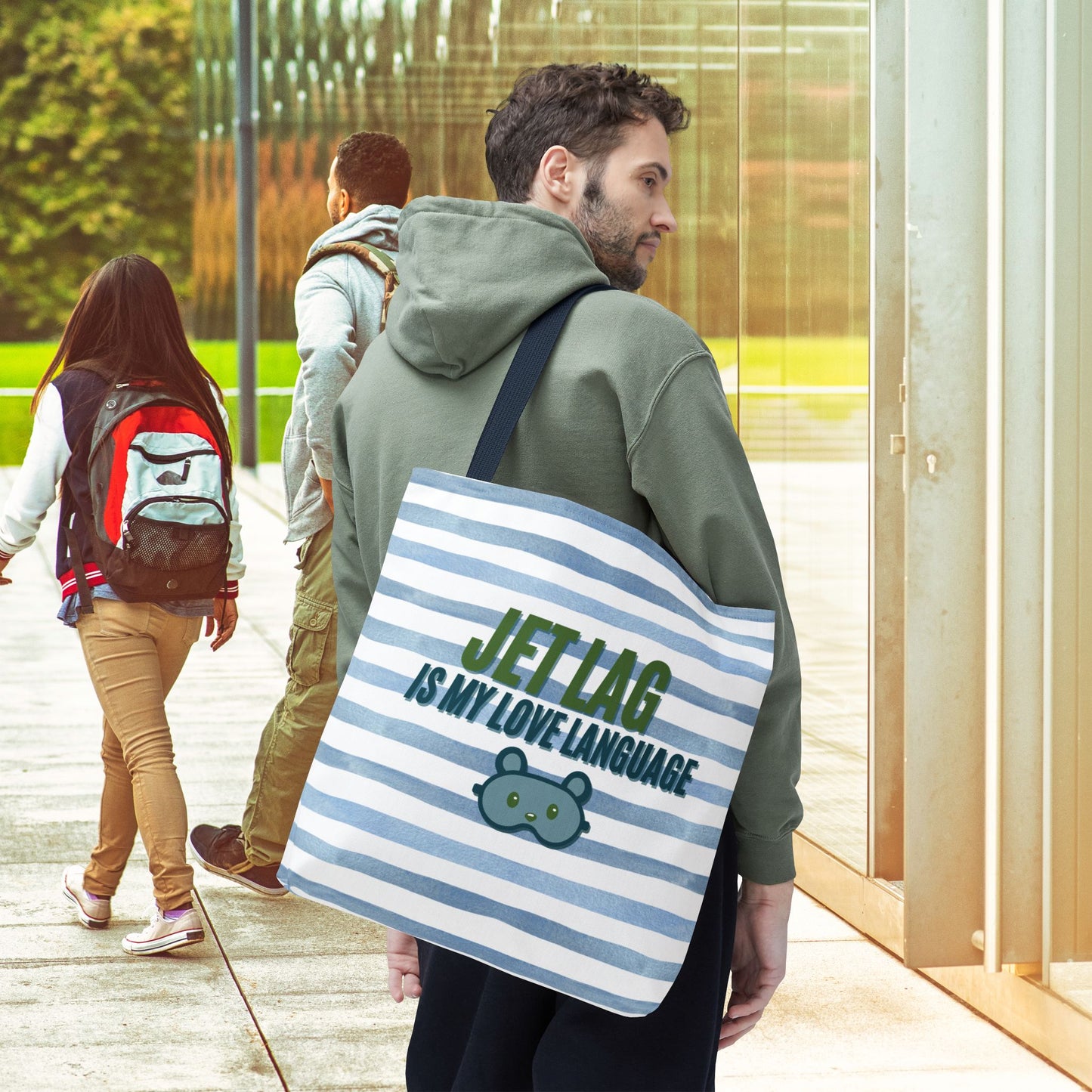 Jet Lag Is My Love Language Tote Bag in Blue – 3 Sizes | For the Traveler Who’s Always Tired but Loving It