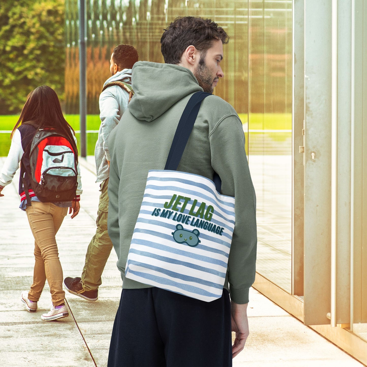 Jet Lag Is My Love Language Tote Bag in Blue – 3 Sizes | For the Traveler Who’s Always Tired but Loving It