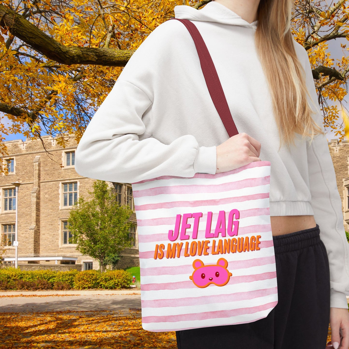 Jet Lag Is My Love Language Tote Bag in Pink – 3 Sizes | For the Traveler Who’s Always Tired but Loving It
