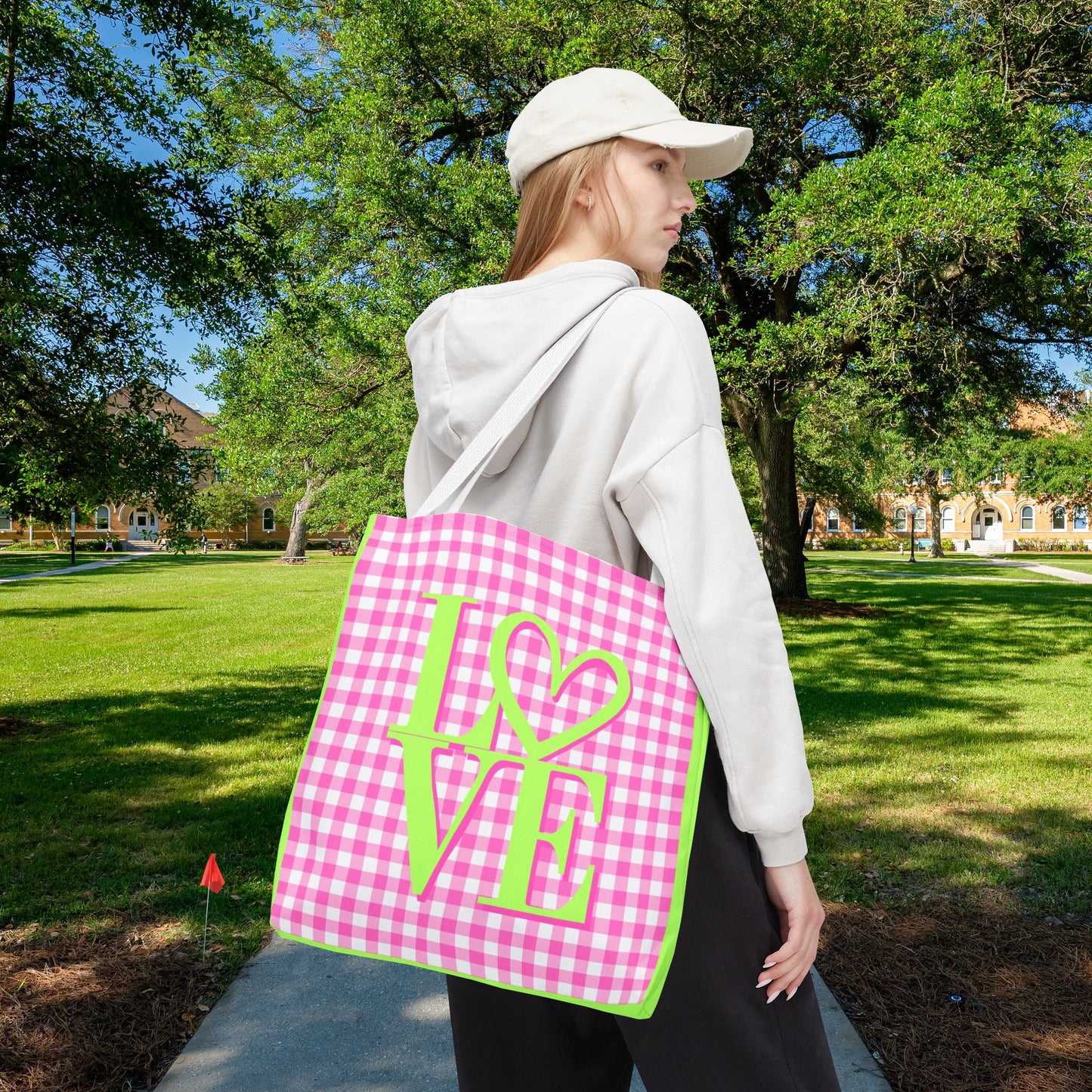 Gingham LOVE Tote Bag – Pink & Green | 3 Sizes | Sweet & Stylish Gift