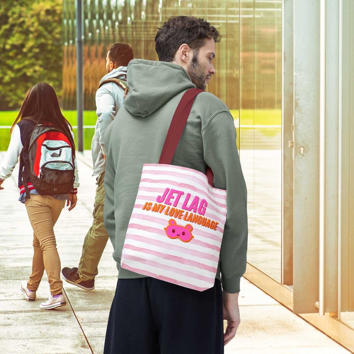 Jet Lag Is My Love Language Tote Bag in Pink – 3 Sizes | For the Traveler Who’s Always Tired but Loving It