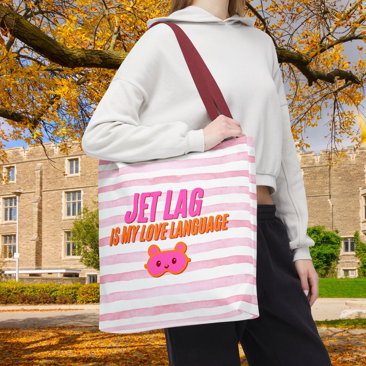 Jet Lag Is My Love Language Tote Bag in Pink – 3 Sizes | For the Traveler Who’s Always Tired but Loving It
