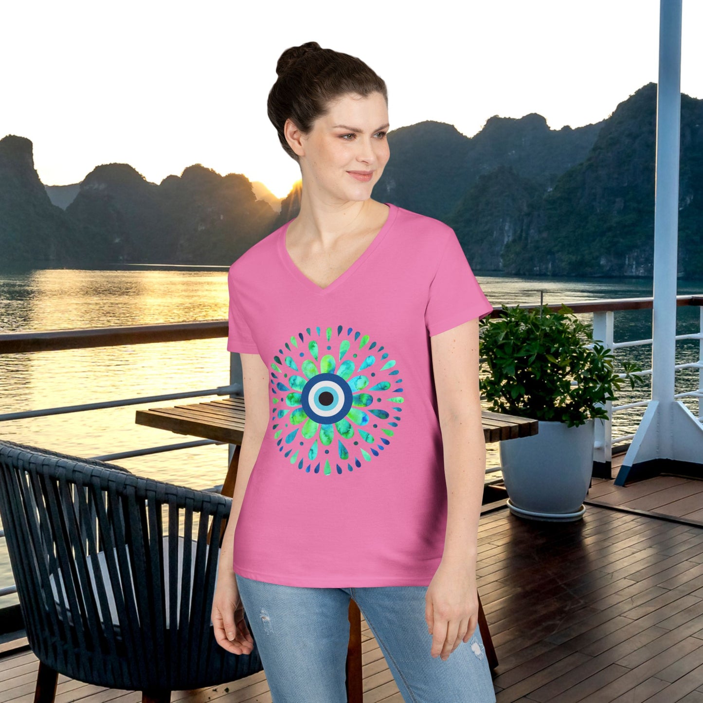 Evil Eye Charm V-Neck T-Shirt – Protective Style Meets Everyday Comfort