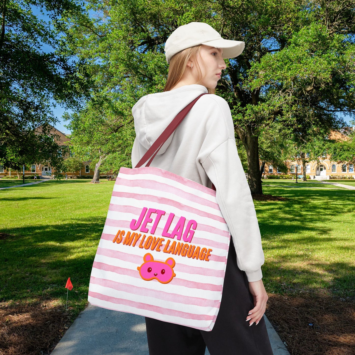 Jet Lag Is My Love Language Tote Bag in Pink – 3 Sizes | For the Traveler Who’s Always Tired but Loving It