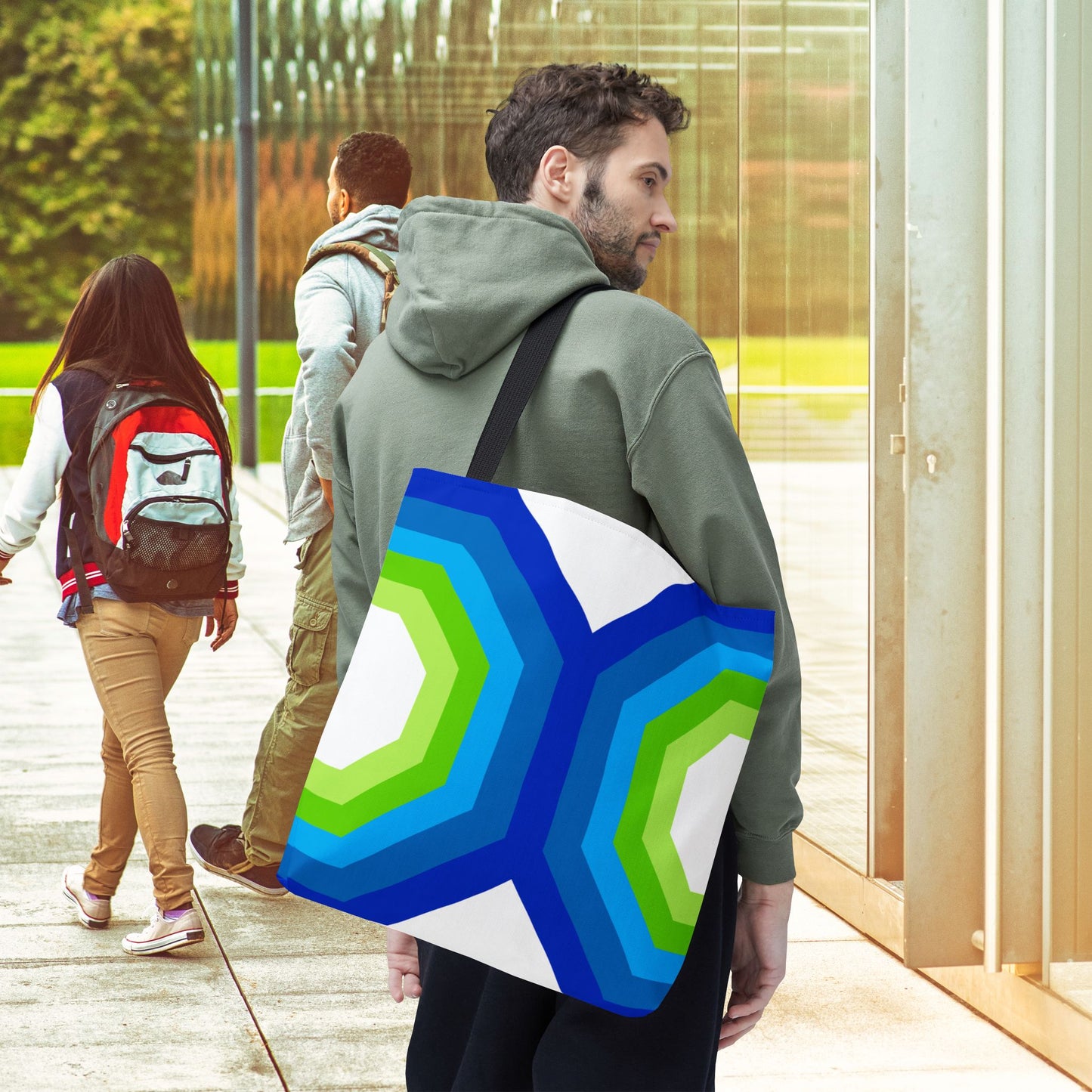 Geometric Art XVI Tote Bag – 3 sizes | Bold lines. Vivid color. Retro with a modern twist.