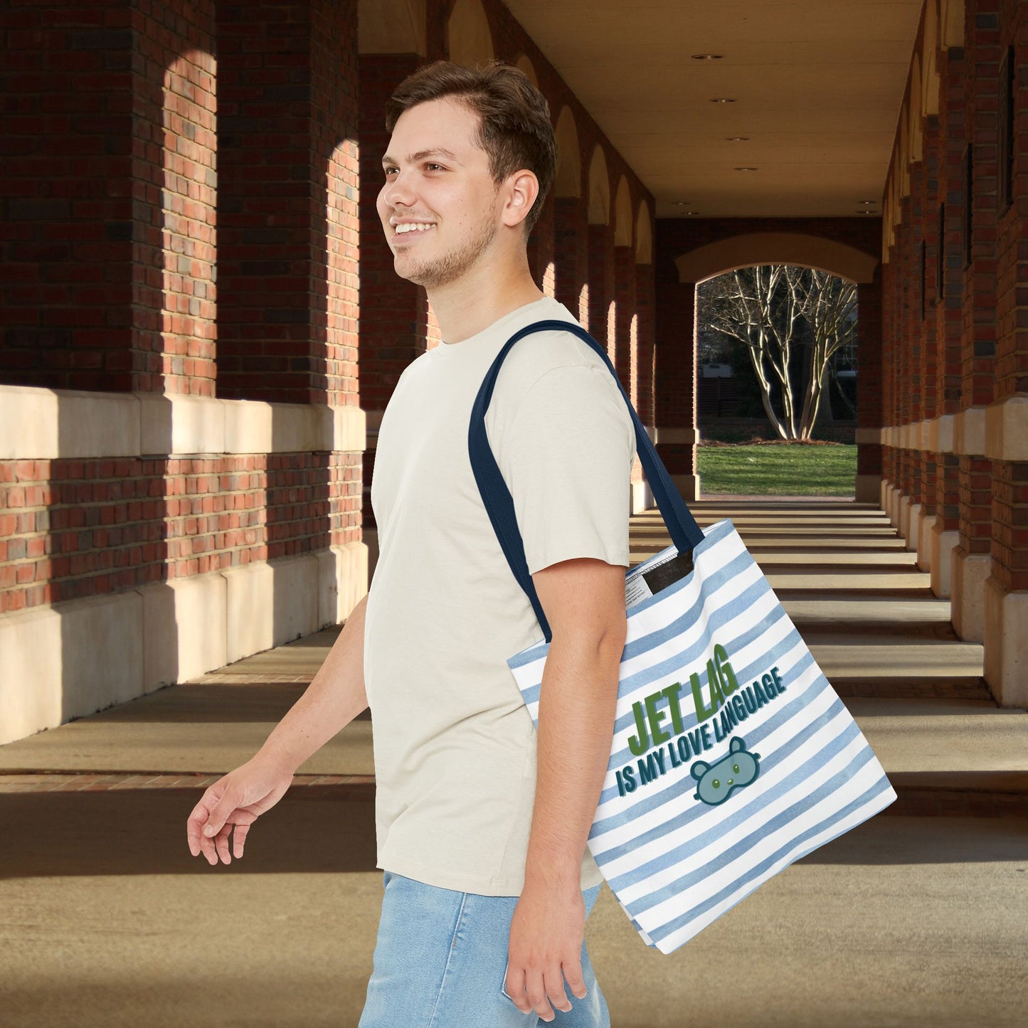 Jet Lag Is My Love Language Tote Bag in Blue – 3 Sizes | For the Traveler Who’s Always Tired but Loving It