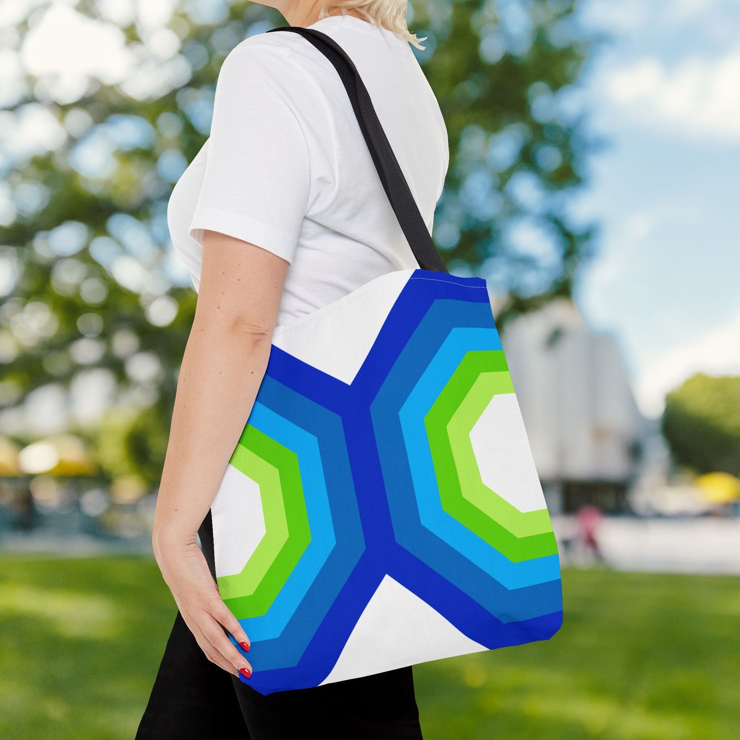 Geometric Art XVI Tote Bag – 3 sizes | Bold lines. Vivid color. Retro with a modern twist.
