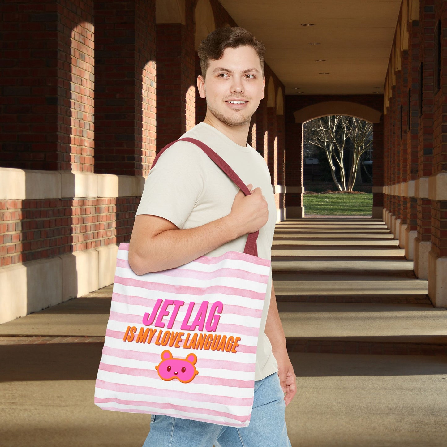 Jet Lag Is My Love Language Tote Bag in Pink – 3 Sizes | For the Traveler Who’s Always Tired but Loving It