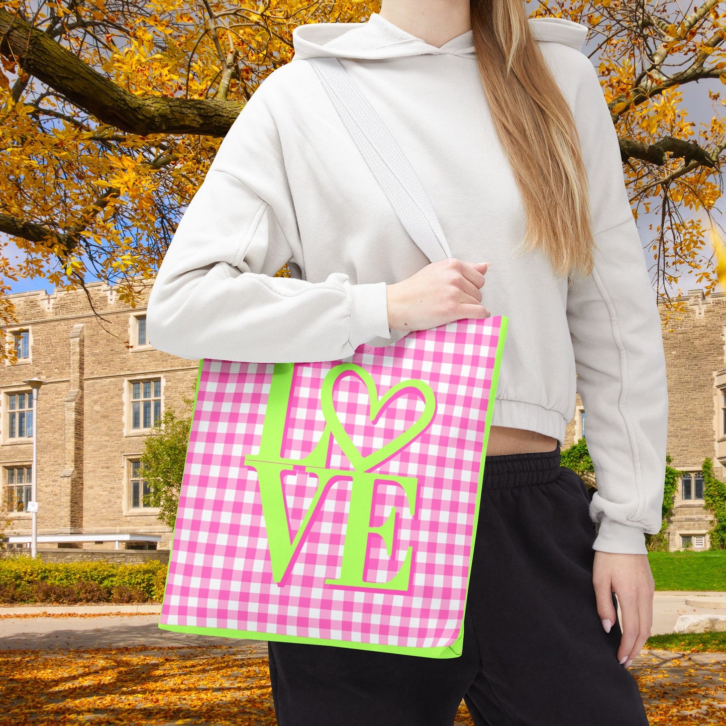 Gingham LOVE Tote Bag – Pink & Green | 3 Sizes | Sweet & Stylish Gift