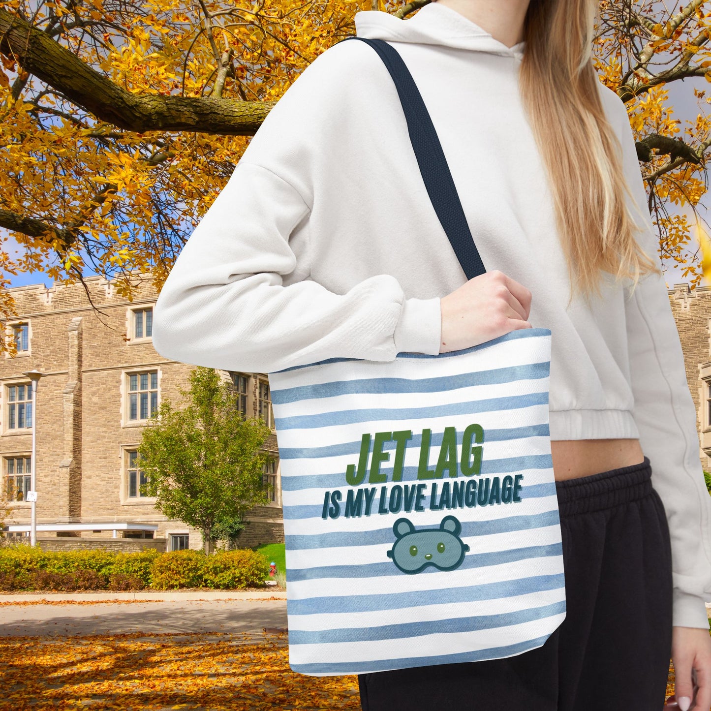 Jet Lag Is My Love Language Tote Bag in Blue – 3 Sizes | For the Traveler Who’s Always Tired but Loving It