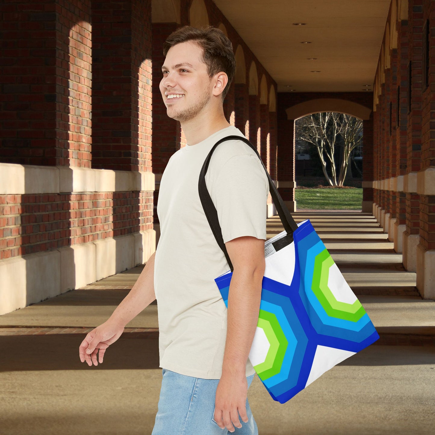 Geometric Art XVI Tote Bag – 3 sizes | Bold lines. Vivid color. Retro with a modern twist.