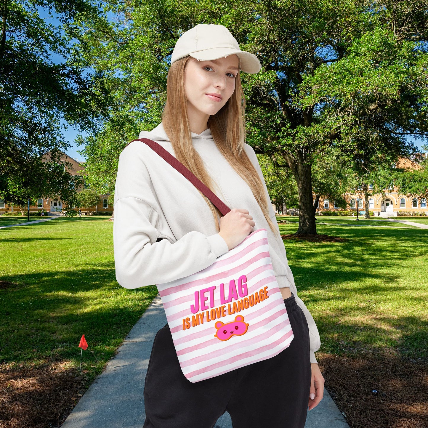 Jet Lag Is My Love Language Tote Bag in Pink – 3 Sizes | For the Traveler Who’s Always Tired but Loving It